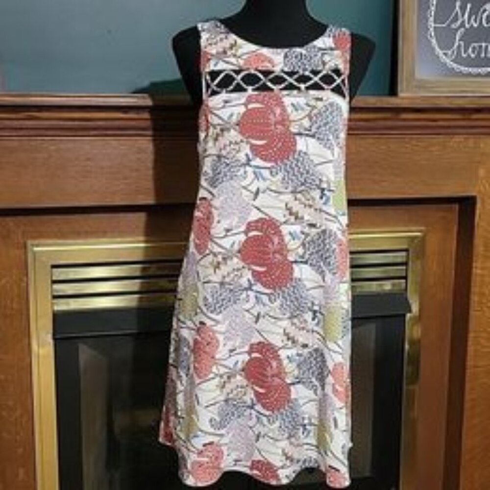 Sleeveless Tunic Dress with Whimsical Floral Pattern Crisscross Neckline Size Sm